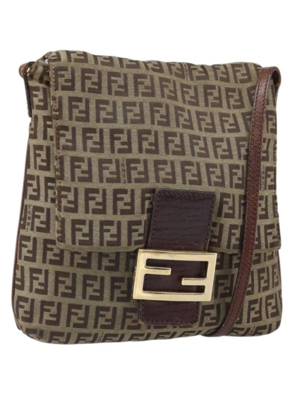 FENDI Zucchino Canvas Shoulder Bag Beige Gold